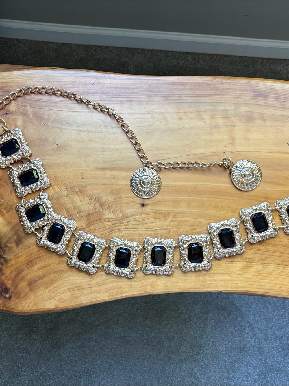 Gold-Tone Statement Waist Belt with Black Gem Accents